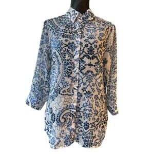 CHICOS Blue and White FLORAL PAISLEY Printed Button-Down SEMI SHEER TOP size M